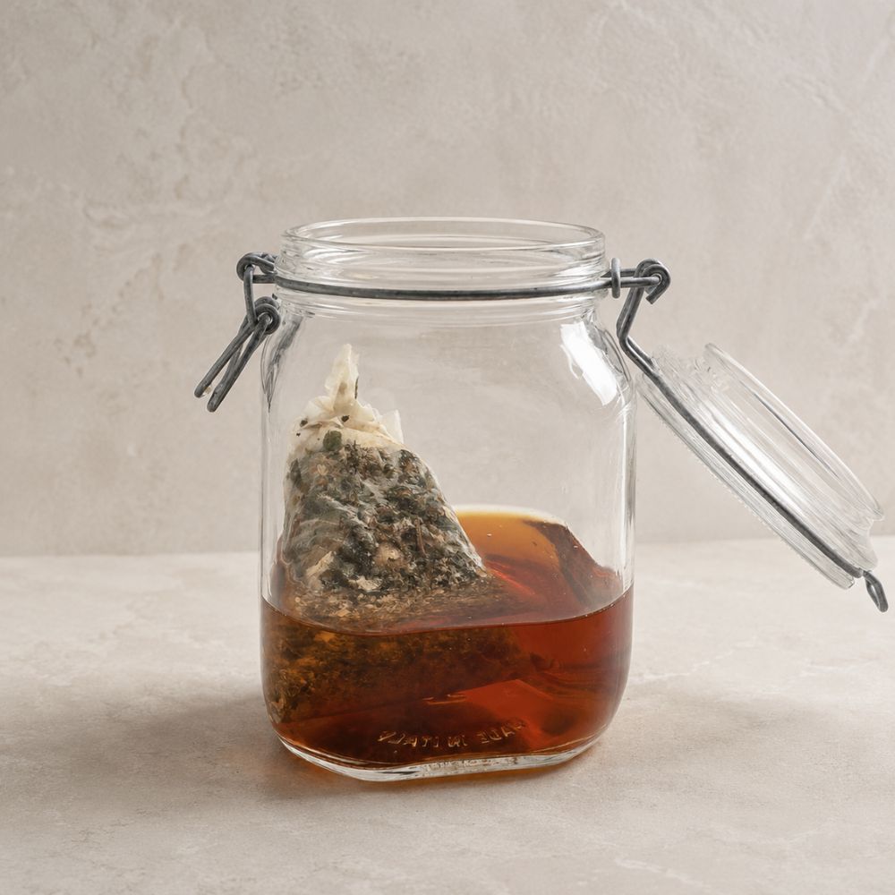 Zubereitete Wiesenblüte Base im Glas mit Papierfilter
