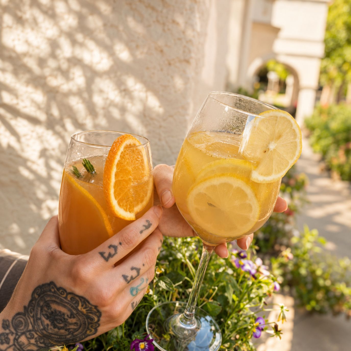 Zwei Botanical Drink Base Getränke auf einem Balkon
